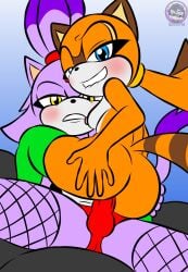 absurd_res aged_up anal anal_penetration anthro bite biting_lip blaze_the_cat blue_eyes breasts clothing duo felid feline female female/female female_penetrated female_penetrating female_penetrating_female fishnet_clothing fishnet_legwear fur furniture hand_on_butt hi_res legwear looking_at_viewer looking_pleasured mammal marine_the_raccoon multicolored_body multicolored_fur nipples on_sofa orange_body orange_fur penetration procyonid purple_body purple_fur raccoon seductive sega sex sex_toy sirjzau sofa sonic_the_hedgehog_(series) strapon yellow_eyes