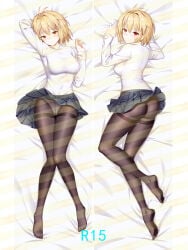 1girl antenna_hair arcueid_brunestud arm_behind_head ass bed_sheet black_pantyhose blonde_hair blue_skirt blush breasts cirnos commentary_request dakimakura_(medium) full_body hair_between_eyes light_smile lying miniskirt no_shoes on_back on_bed on_stomach paid_reward_available panties panties_under_pantyhose panties_visible_through_clothes pantyhose plaid_clothes plaid_skirt red_eyes short_hair sidelocks single_hair_intake skirt smile solo sweater thighband_pantyhose tsukihime tsukihime_(remake) turtleneck turtleneck_sweater underwear white_panties white_sweater