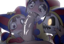 1boy 2d 3girls big_penis black_sclera blush blush_lines brown_hair endofeminal evil_pomni_(the_amazing_digital_circus) female jester jester_hat jester_outfit male oral oral_penetration oral_sex pomni_(the_amazing_digital_circus) possessed possessed_pomni pov saliva sharp_teeth size_difference smaller_female tear the_amazing_digital_circus white_skin yellow_eyes