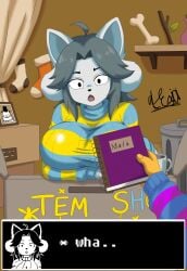 1boy 1girls absurd_res alexjoi anthro breasts breasts_bigger_than_head cat_ears catgirl clothed curvy curvy_body curvy_female curvy_figure cute deltarune dialogue digital_media_(artwork) dog dog_ears dog_girl domestic_cat english_text feline female frisk frisk_(undertale) fur furry grey_fur hair hi_res huge_breasts large_breasts male mouth_open smile solo_female suprised suprised_expression sweater temmie temmie_(deltarune) temmie_(species) temmie_(undertale) undertale undertale_(series) undertale_fanfiction white_body white_fur white_hair white_skin