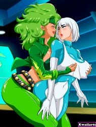 2girls big_breasts blush breast_grab breasts dc_comics female female_only fire_(dc) green_hair ice_(dc) kwaiiarts large_breasts latina lesbian white_hair