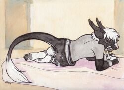 2013 anthro bodily_fluids claws clothed clothing cum dragon eastern_dragon genital_fluids hair kaputotter krauti_mercedes looking_at_viewer lying male mattress mythological_creature mythological_scalie mythology on_side partially_clothed pawpads rear_view scalie solo tail tail_tuft tuft