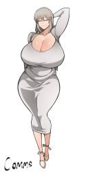 1girls airi_akura arm_behind_head big_breasts breasts cleavage closed_eyes clothing dongtan_dress dress female female_only footwear grey_hair hair heels high_heels hips huge_breasts legs mature mature_female mature_woman milf mother smile solo solo_female thighs uzaki-chan_wa_asobitai! uzaki_tsuki white_background white_dress