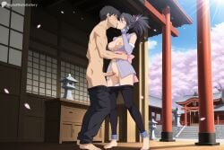 1boy 1girl ai_generated architecture arm_around_waist barefoot black_hair black_pants blush breasts breasts_out cherry_blossoms closed_eyes clothed_female_nude_male clothed_sex clothes_pull couple day detached_leggings detached_sleeves digitalwaifugallery east_asian_architecture erection french_kiss hetero hi_res high_quality high_resolution japanese_clothes kiss kissing large_breasts leggings medium_breasts navel ninja nipples nude open_clothes outdoors panties pants pants_pull patreon penis petals ponytail pussy sash seductive sexy sheena_fujibayashi shrine sky standing stone_lantern sunlight tales_of_symphonia testicles tiptoes toeless_legwear tree uncensored underwear watermark