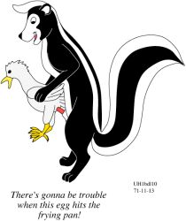1971 20th_century ancient_art animal_genitalia avian beak bird black_body black_fur chicken claws colored dated dialogue duo english_text female feral fur galliform genitals humor interspecies italic_text male male/female mammal mephitid open_mouth penis phasianid questionable_consent semi-anthro sheath size_difference skunk smile text tongue urbanhermit white_body white_fur yellow_beak