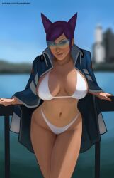 ace_attorney aura_blackquill bikini boobs breasts coat coat_on_shoulders funeralwind glasses large_breasts public purple_hair white_bikini