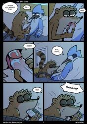 anthro avian balls bed bird blue_jay blush blush_lines bodily_fluids cartoon_network close-up comic corvid dialogue duo english_text fudatsu furniture genitals hi_res jay_(bird) licking male male/male mammal mordecai_(regular_show) new_world_jay on_bed oral oscine passerine paws penile penis penis_lick pillow procyonid raccoon regular_show rigby_(regular_show) saliva saliva_on_penis sex size_difference speech_bubble text tongue