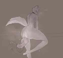 ambiguous_fluids ambiguous_gender anthro aroused balls big_butt big_penis blush bodily bodily_fluids butt canid canine canis cream(kopat) domestic_dog dripping erection food front_view fur genital_fluids genitals hi_res huge_penis humanoid hyper kopat leaking male mammal musk nude penis precum solo sweat tail thick_thighs view wide_hips