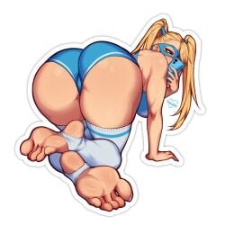 1girls alternate_version_available ass ass_focus blonde_hair capcom feet feet_focus panties rainbow_mika stockings street_fighter street_fighter_alpha succuboos