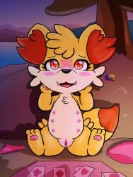3:4 belly blush colored digital_media_(artwork) dipstick_tail fangs feet female female_feral fennekin feral front_view generation_6_pokemon genitals hi_res humanoid_genitalia humanoid_genitalia_on_feral humanoid_vulva humanoid_vulva_on_feral long_inner_ear_fluff looking_at_viewer markings multi_nipple nintendo nipples open_mouth pawpads playmanrgs pokemon pokemon_(species) shaded sitting smile smiling_at_viewer soles solo tail tail_markings teats teeth vulva