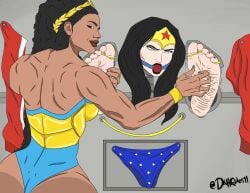2girls african african_female ass ball_gag barefoot big_ass black_hair bondage dark-skinned_female dark_skin darksoles dc_comics feet female female_only femdom femsub foot_fetish gag gagged lezdom light-skinned_female light_skin muscular muscular_female nubia_of_themyscira_(zahavah) stuck_in_wall tickle_fetish tickle_torture tickling tickling_feet wonder_woman wonder_woman_(series)
