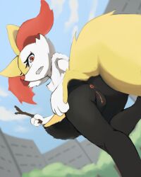 4:5 absurd_res accident accidental_exposure anthro anus braixen butt canid canine duckerzzart embarrassed female fox generation_6_pokemon genitals hi_res looking_at_viewer mammal nintendo nude pinup pokemon pokemon_(species) pose solo tail vulva walking