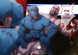 abs anal anal_hair anal_sex ass ass_juice bald bara beard black_hair blue_skin body_hair brok_(god_of_war) chest_hair dark_hair deity dialogue dwarf english_text erection facial_hair funeral-paws gay god_of_war grinding hairy_anus kratos looking_at_partner looking_back male_only muscular naughty_face nipple_holes nipple_slits nipples nude pale_skin pecs penis pubic_hair riding sex smile speech_bubble spread_anus sweat tattoo tattoos thick_thighs veiny_penis yaoi