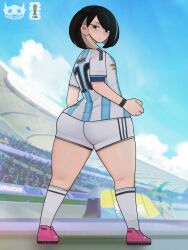 1girls argentina ass big_ass black_hair blight_(gdblight) fifa football gdblight looking_at_viewer mole_under_eye small_breasts soccer_uniform solo world_cup