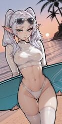 1girls ai_generated beach covered_nipples crop_top earrings elf female frieren frieren_beyond_journey's_end green_eyes highleg_panties holding_object holding_surfboard legwear long_hair long_sleeves looking_at_viewer midriff molamaxuy navel ocean outdoors palm_tree panties perfect_body pointy_ears sexy sexy_pose skinny solo sousou_no_frieren standing sunglasses sunglasses_on_head surfboard swimwear thigh_gap tight_clothing tropical twintails