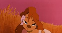 1995 1girl 1girls 90s a_goofy_movie animated animated_gif anthro bare_shoulders black_eyes canine choker clothing collar disney dream dress earrings eyebrows female field flower flower_hair_ornament furry furry_female goof_troop hair hair_flower hair_ornament long_hair lowres mammal mole mole_under_eye plant pucker_lips puckered_lips red_hair roxanne_(a_goofy_movie) roxanne_(goof_troop) solo straw tagme tan_body teenage_female teenage_girl teenager thick_eyebrows white_dress