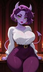 ai_generated curvaceous curvy_figure demon_tail female_only houseofwaifu huge_breasts mature_female milf purple_hair purple_skin saranoia wide_hips wide_thighs