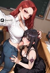 2futas ai_generated angry bangs big_ass big_breasts big_penis black_hair blowjob charv classroom desk dress futa_on_futa futa_only futadom futanari goth jeans long_sleeves red_hair shirt smile smirking student teacher teacher_and_student white_shirt