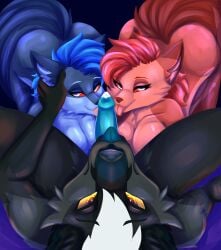 absurd_res anthro black_body black_fur blue_body blue_fur canid canid_demon canine collaborative collaborative_fellatio collaborative_oral collaborative_sex demon double_fellatio double_oral ember_(xanedis) fellatio female fox fur genitals group hellhound hi_res high-angle_view licking male male/female mammal mythological_canine mythological_creature mythology oral orange_eyes paws penile penis penis_lick red_body red_eyes red_fox red_fur sex silver_fox skye_(xanedis) sonyferretart tongue trio true_fox xanedis_(xanedis)