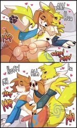 3_fingers anal anal_penetration anthro anthro_on_anthro anthro_penetrated anthro_penetrating anthro_penetrating_anthro armwear armwear_only balls bandai_namco bed black_sclera blush bodily_fluids brown_eyes claws clothing colored comic digimon digimon_(species) digital_drawing_(artwork) digital_media_(artwork) duo ear_grab english_text erection fan_character fingers foreskin from_behind_position furniture genital_fluids genitals green_eyes heart_symbol hi_res humanoid_genitalia humanoid_penis looking_at_another looking_pleasured lying male male/male male_penetrated male_penetrating male_penetrating_male moan mostly_nude multiple_positions on_bed on_side pawpads penetration penile penile_penetration penis penis_in_ass pillow plap precum renamon renamont_(lamont786) ruff sex shaded simple_background snout spank_marks spank_marks_on_ass spanked_butt spread_legs spreading tail tealsick text versatile white_background yellow_body