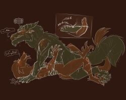 5:4 absurd_res andrew_(peatswamp) animal_genitalia anthro close-up dinosaur dirty_talk dragon dromaeosaurid duo feathered_dinosaur feathered_scalie feathers from_front_position fur genital_slit genitals green_body green_fur hi_res holding_waist inferno_(peatswamp) looking_at_another looking_pleasured lying male male/male missionary_position mutual_slit_penetration mythological_creature mythological_scalie mythology on_back orange_body orange_fur peatswamp penetration penis prehistoric_species reptile saurischian scalie scar sex size_difference slit_penetration slit_play theropod tusks x-ray_view
