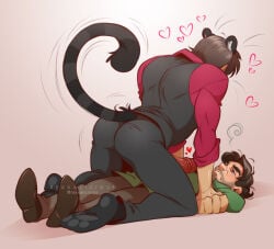 alternate_species animal_humanoid bottomwear brown_hair butt canon_couple clothed clothing duo ears_back felid felid_humanoid footwear fully_clothed genitals hair hannibal_(series) hannibal_lecter heart_symbol human human_and_animal_ears humanoid humanoidized lying male male/male mammal mammal_humanoid multi_ear on_back pantherine pantherine_humanoid pants penis pinned pinned_to_ground pivoted_ears shirt shoes socks tail tiger_humanoid topwear vest whiskers will_graham zillabean