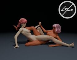 ayla_winn_(fortnite) feet female_focus female_only fortnite fortnite:_battle_royale hana_park_(fortnite) holding_hands lesbian lesbian_sex nude nude_female pink_hair scissoring