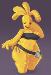 3_fingers anthro bedroom_eyes behniis belt big_breasts blonde_hair blush blush_lines bodily_fluids bottomless bouncing_breasts breasts cleavage clothed clothing condom condom_skirt cum eyelashes female female_anthro filled_condom fingers generation_9_pokemon genital_fluids genitals gholdengo gold_(metal) gold_body hair hand_behind_head hi_res mostly_nude motion_outline narrowed_eyes navel nintendo open_mouth open_smile overweight overweight_female pokemon pokemon_(species) pokemorph portrait seductive sexual_barrier_device shaded smile solo thick_thighs three-quarter_portrait topwear tube_top vulva