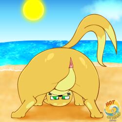 1:1 all_fours ambiguous_gender anus ass_up beach black_nose buizel butt circle_eyebrows eyebrows featureless_crotch feral forked_tail fur generation_4_pokemon green_eyes hi_res looking_at_viewer markings nintendo pokemon pokemon_(species) presenting presenting_hindquarters shiny_pokemon softestpuffss solo spread_legs spreading sun tail tan_body tan_fur unusual_anatomy unusual_tail water whisker_markings yellow_body yellow_fur