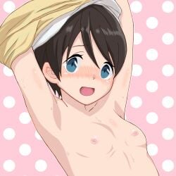 1girls alternate_version_at_source alternate_version_available armpits arms_up blue_eyes blush breasts brown_hair female female_only flat_chest looking_at_viewer naked nananana_shino nipples nude open_mouth saitou_ena shirt shirt_lift shirt_up short_hair small_breasts sweat sweatdrop topless upper_body yurucamp