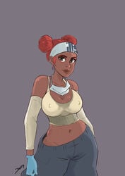 apex_legends artist_name artist_signature baggy_pants breasts cleavage cute dark-skinned_female dark_skin double_bun gloves hair_bun hair_buns headband hips huge_breasts ivandoodles(artist) large_breasts lifeline_(apex_legends) long_sleeves midriff sweat twintails waist