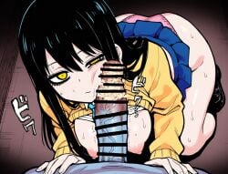ai_generated big_ass big_penis black_hair censored_penis exposed_breasts exposed_panties from_above ghost japanese_text mieruko-chan monster_on_female penis_on_face pink_panties pov school_uniform schoolgirl smegma sweater veiny_penis yellow_eyes yotsuya_miko
