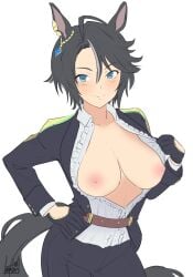 1girl 1girls animal_ears black_hair blue_eyes breasts_out confident_female confident_smile confidently_naked fuji_kiseki_(umamusume) horse_ears horse_girl horse_tail lidipon smiling_at_viewer umamusume umamusume:_beginning_of_a_new_era umamusume_pretty_derby