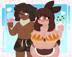 1boy1girl 2026 artist_signature big_breasts bikini blushing brown_eyes brown_hair chubby color colored commission couple curvy curvy_female dark-skinned_male date duo duo_focus gwain_saga happy hearts ice_cream lanney light-skinned_female looking_at_partner original_character simple_background smiling smiling_at_partner swimsuit swimwear tagme themintycafe11 thick_thighs wide_hips winking