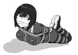 blush bondage bound breast_bondage cloth_gag damsel_in_distress gag gagged gagged_speech grafhou greyscale hogtie original original_character restrained rope rope_bondage short_hair uniform_female