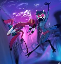 2boys bed blitzo_(helluva_boss) breath_holding bubbles byondrage color commission fanart hell helluva_boss male stolas_(helluva_boss) swimming underwater vivziepop window youtube