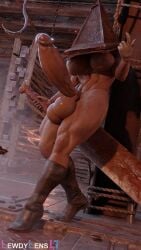 3d abs artist_signature basement beckoning boots dbd dead_by_daylight futanari gloves hard_cock helmet holding_weapon huge_balls hyper_penis leaning_on_object lewdylens muscular_futa naked pyramid_head shiny_skin sweating sword tagme