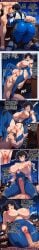 1boy 1girl ahegao ai_generated areola bald big_ass black_hair blue_bodysuit blush comic cunnilingus desk english_text erection female fingerless_gloves green_eyes handjob huge_breasts male mary_ann_arkham multiple_panels muscular muscular_male night nipples office oral penis plugsuit pussy rampa69 saliva short_hair spread_legs straddling sweating uncensored window