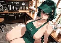1girl ai_assisted ai_generated apron bangs bare_shoulders breasts cleavage closed_mouth collarbone counter curvaceous curvy curvy_female curvy_figure female fubuki_(one-punch_man) green_eyes green_hair hat indoors large_breasts looking_at_viewer miyuai naked_apron one-punch_man short_hair sitting smile solo thick thick_ass thick_butt thick_hips thick_legs thick_thighs thighs voluptuous voluptuous_female wide_hips wide_thighs window wooden_floor