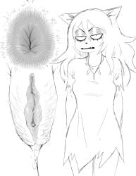 2026 absurd_res anal_hair angry anthro anus_close-up anus_focus biped black_and_white bodily_fluids catwitch_(xarop77) clitoral_hood clitoris clothing digital_media_(artwork) domestic_cat dress dripping_vulva ears_aside felid feline felis female genital_fluids genital_focus genitals hair hairy hi_res jewelry long_hair mammal monochrome necklace pubes solo standing vaginal_fluids valavari vulva vulva_focus