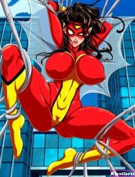 1girls big_breasts bondage breasts cameltoe female female_only huge_breasts jessica_drew kwaiiarts marvel nipple_bulge skin_tight solo spider-woman tied_up