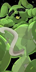 1:2 absurd_res alien ambiguous_gender antennae_(anatomy) anthro anus black_background black_sclera bodily_fluids butt cum cum_from_ass cum_in_ass cum_inside fangs featureless_crotch genital_fluids goo_creature green_body green_tongue hi_res leaking_cum multi_eye open_mouth open_smile presto_(artist) simple_background slime smile solo space spiral spiral_eyes tears teeth tongue white_eyes zip-zap