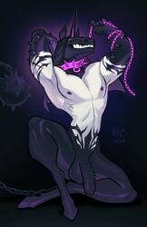 anthro arm_spikes balls black_background black_body chain chain_leash collar creepy demon equid equine eyeless genderfluid_(lore) genitals grin hi_res hooves horn horse leash leashed_collar male male_anthro mammal monster mythological_creature mythological_equine mythology nipples nude_anthro nude_male penis simple_background sitting small_waist smile solo spiked_collar spiked_penis spikes spikes_(anatomy) tail unicorn unicorn_horn vyvs weapon weapon_tail white_body