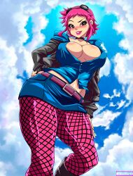 1girls big_breasts breasts choker cleavage female fishnets goggles goggles_on_head huge_breasts kwaiiarts pink_hair ramona_flowers scott_pilgrim solo
