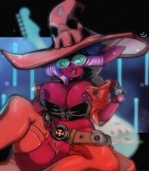 breasts breasts_out cosplay dark_nipples dark_skin final_fantasy_xiv guilty_gear i-no_(cosplay) inverted_nipples lactation lalafell lalatua_ul_tua mamatua pubic_hair purple_hair pussy sunglasses thick_thighs tongue_out tongue_piercing witch_hat