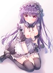 blue_skirt blush breasts breasts_out clothes_lift dress female frilled_hairband frilled_skirt frills garter_belt hair_ornament long_hair looking_at_viewer medium_breasts nipples no_bra open_clothes original purple_hair red_eyes shiono_(0303) shoes sitting skirt solo stockings thighhighs
