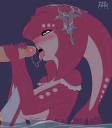 blush breath_of_the_wild erection female handjob link link_(breath_of_the_wild) male mipha open_mouth penis r3dfive straight the_legend_of_zelda tongue tongue_out zora