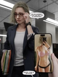 2girls 3d 3d_(artwork) 3d_render black_panties blazer blender blonde_female bra dialogue english_commentary english_text female female_only female_pov glasses grace_ashcroft grace_ashcroft_(fbi_outfit) grace_ashcroft_(julia_pratt) looking_away mirror_selfie office office_lady panties picture pink_bra quick_e resident_evil resident_evil_9:_requiem sherry_birkin sherry_birkin_(bridgette_haze) shy tagme text text_bubble white_shirt