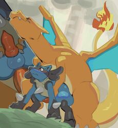 anal anal_sex animal_genitalia animal_penis balls big_dom_small_sub canine_penis charizard dangpa duo erection feral gay hi_res knot lucario male male/male male_only nintendo nude penetration penis pokemon pokemon_(species) sex size_difference video_games yaoi