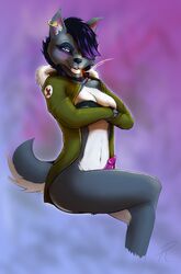 1futa breasts canid canine canis cigarette clothing ear_piercing ear_ring fur-trimmed_coat fur-trimmed_hood fur_hood fur_trim futa_only futanari grin hair herm hoodie intersex jacket jenny mammal momentai penis piercing punk smile solo wolf